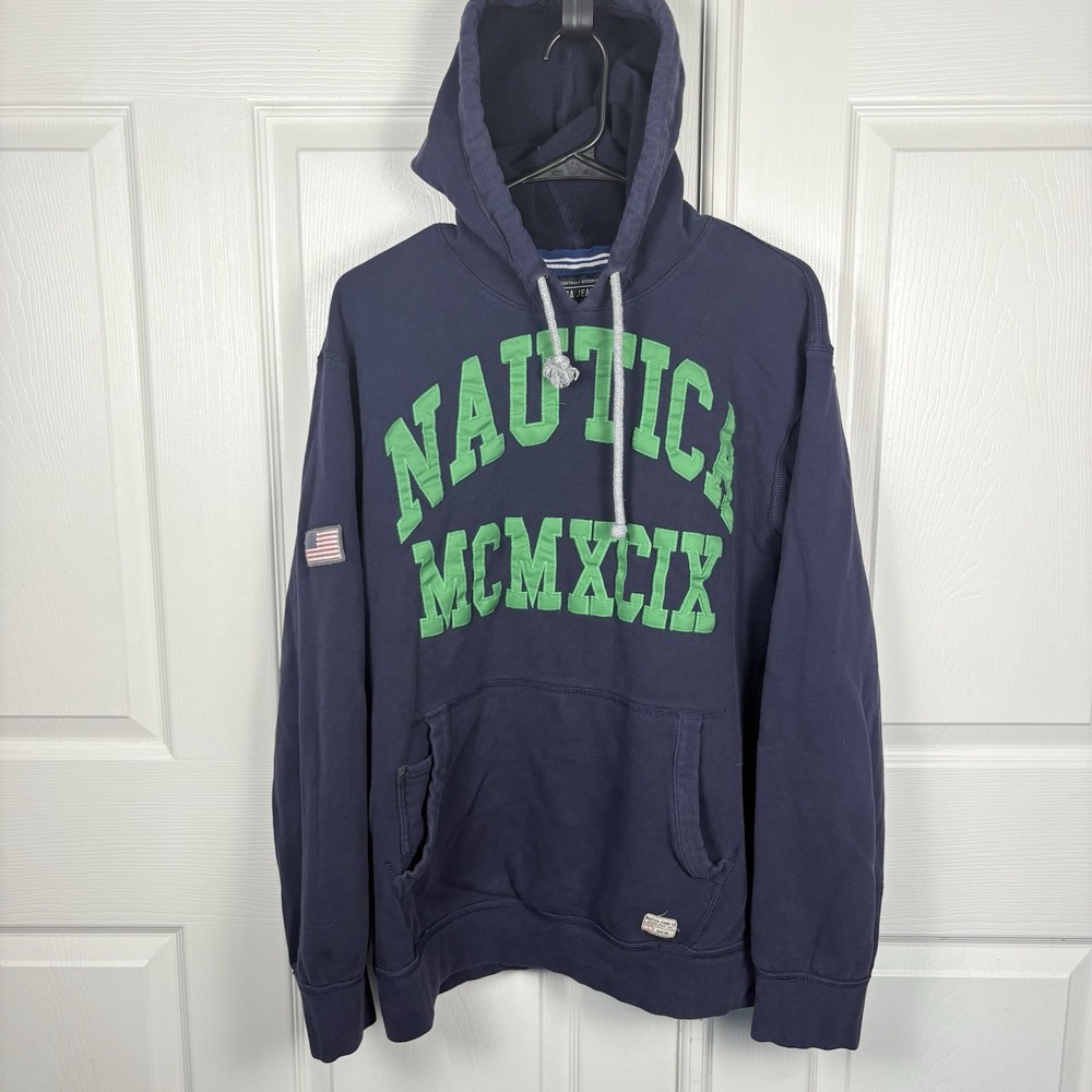 Nautica Jeans Hoodie Sweatshirt Men's Large Blue‎ Green Big Spellout Sewn Logo
